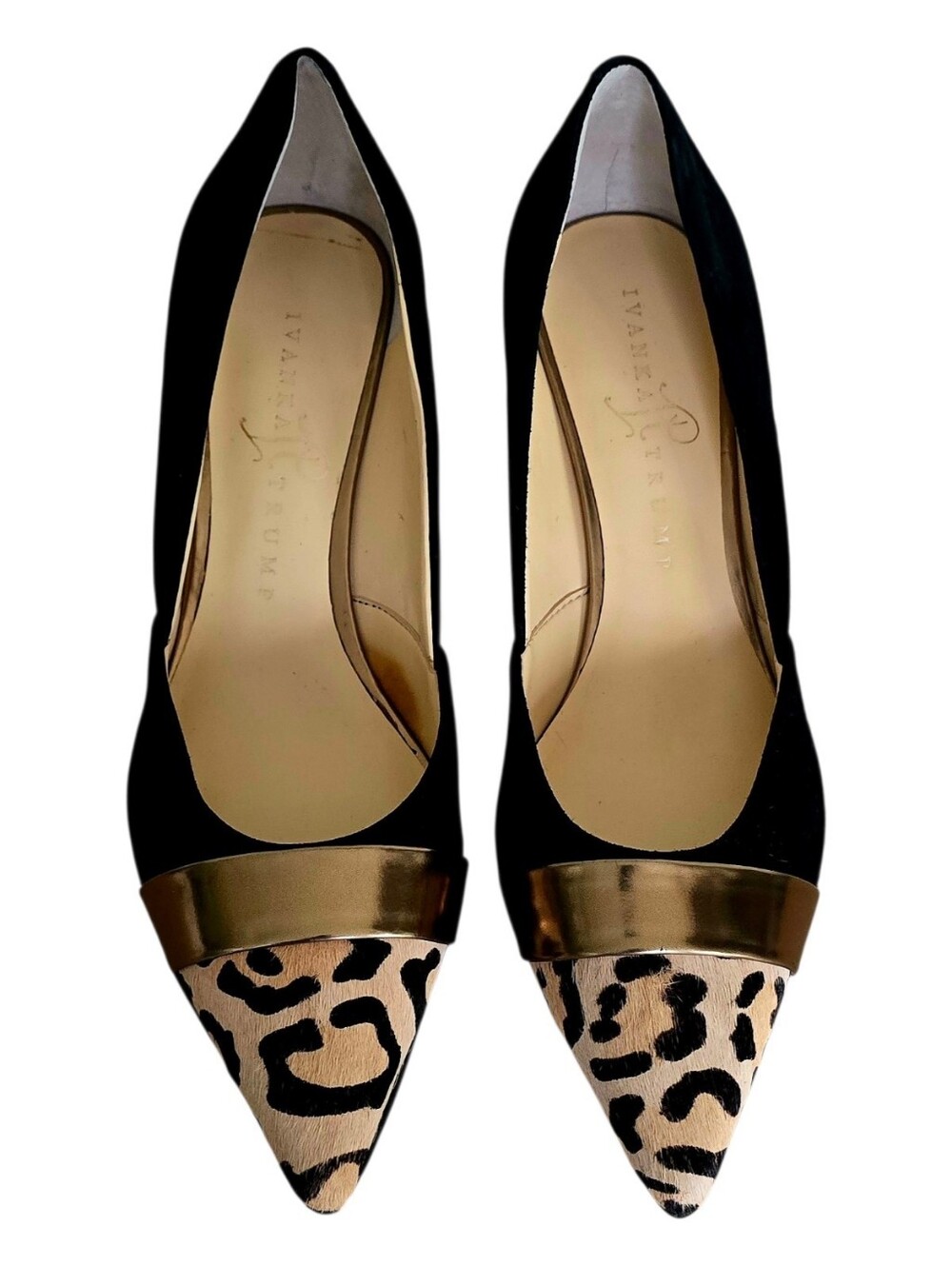 Like New Ivanka Trump Black Pumps with Leopard Print and Gold Cap Size 7.5